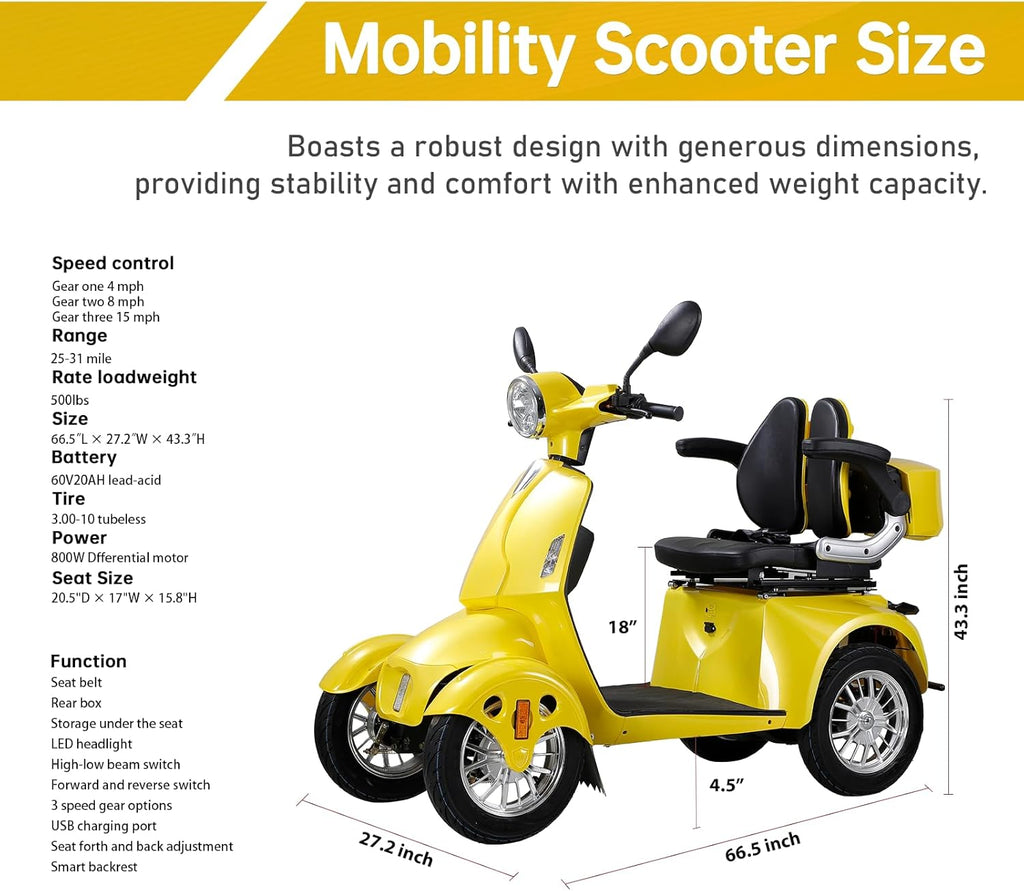 Heavy Duty 4-Wheel 3 Speed Mobility Scooter 500 lbs. Weight Capacity Z784