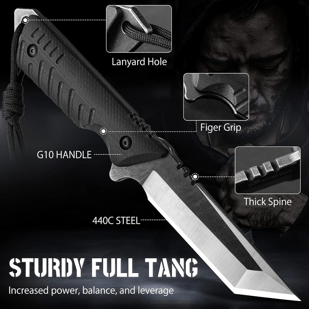 Tactical Survival Knife with Fire Starter, Kydex Sheath, 440C Steel Blade, G10 Handle Y166943