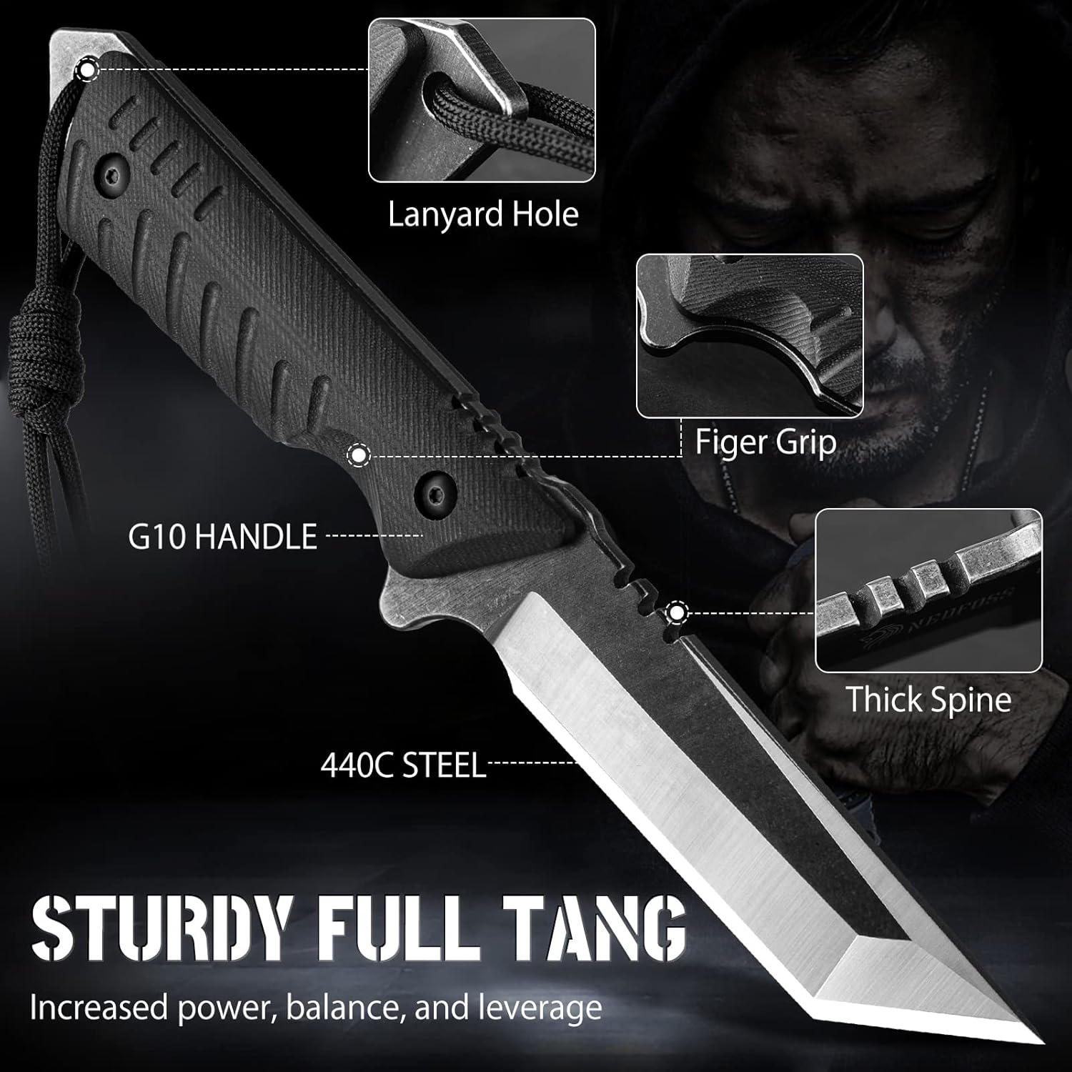 Tactical Survival Knife with Fire Starter, Kydex Sheath, 440C Steel Blade, G10 Handle Y166943