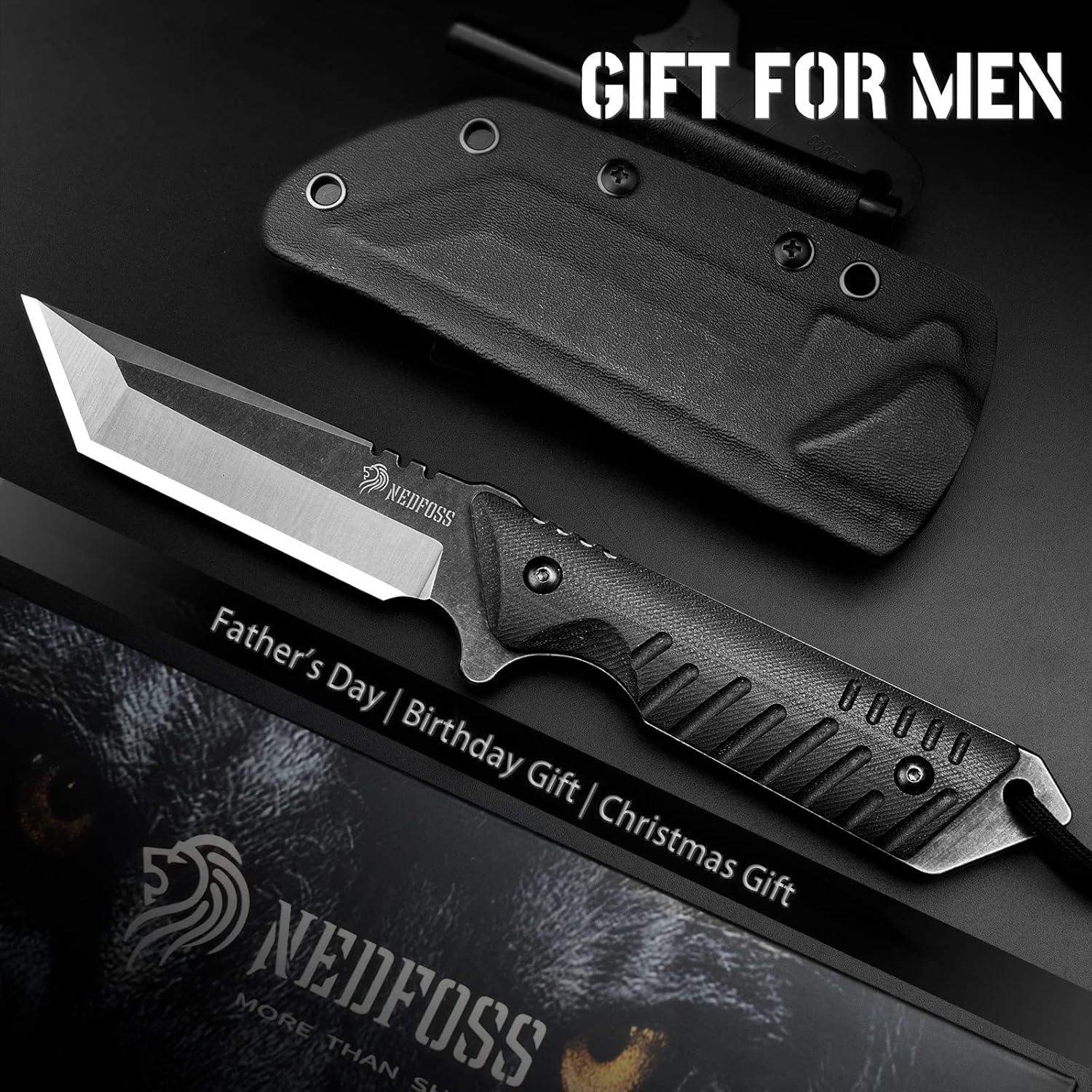 Tactical Survival Knife with Fire Starter, Kydex Sheath, 440C Steel Blade, G10 Handle Y166943