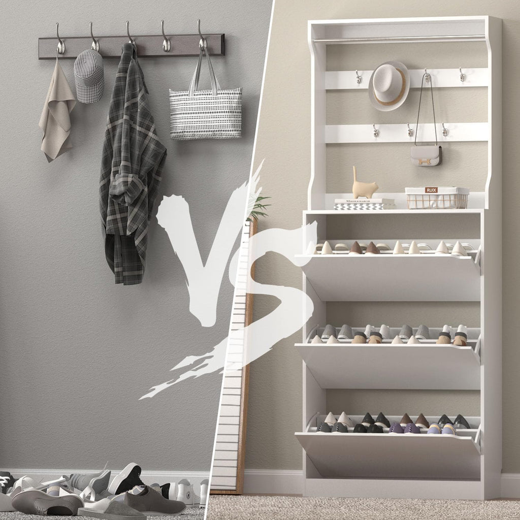 White 3 Flip Drawer Tall Wood Shoe Cabinet with Coat Rack Q80409