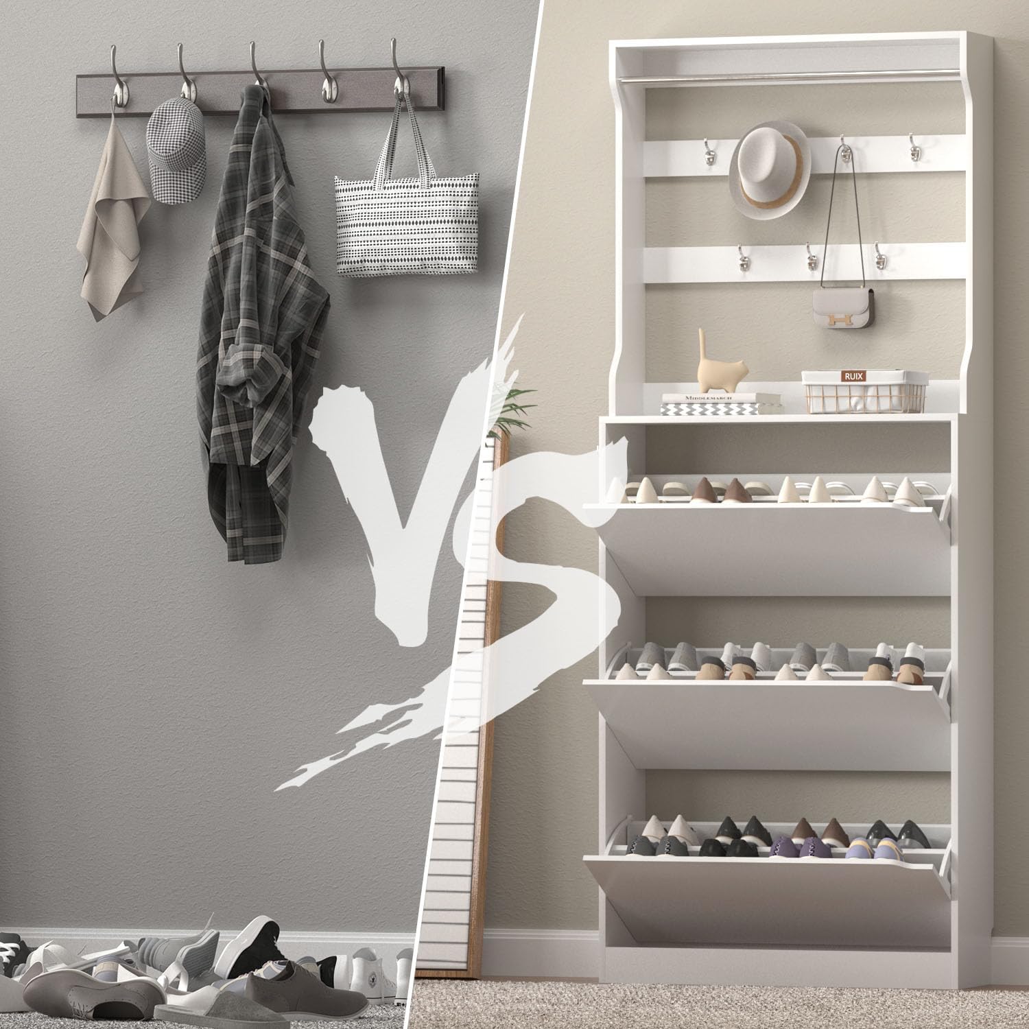 White 3 Flip Drawer Tall Wood Shoe Cabinet with Coat Rack Q80409