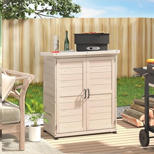 Beige Outdoor Storage Cabinet with Waterproof Metal Tabletop and Removable Shelves J677968