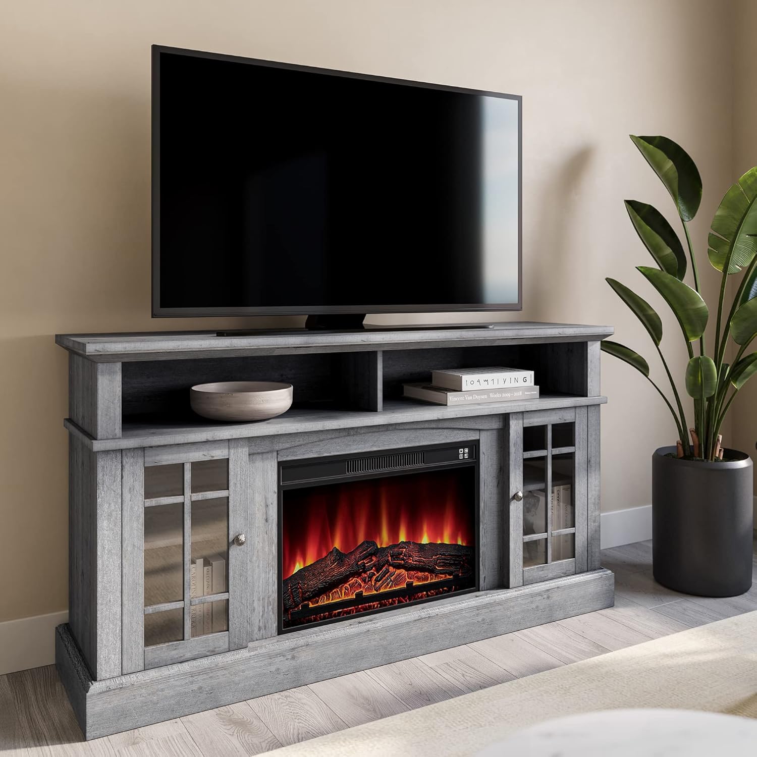 Espresso 58 Inch Electric Fireplace TV Stand with Storage Shelves and Cabinets J923849