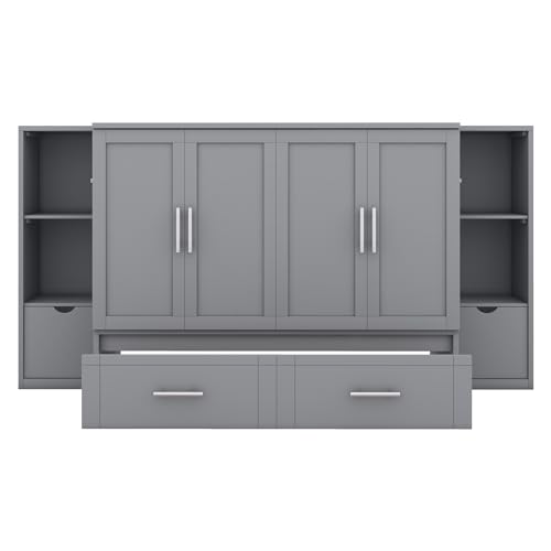 White Solid Wood Murphy Bed with Bookcase and Drawers S8446