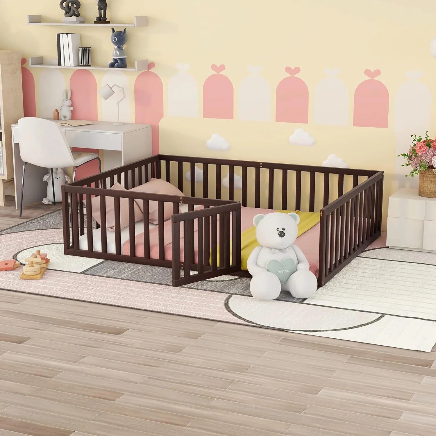 Walnut Wood Queen Floor Bed J7880