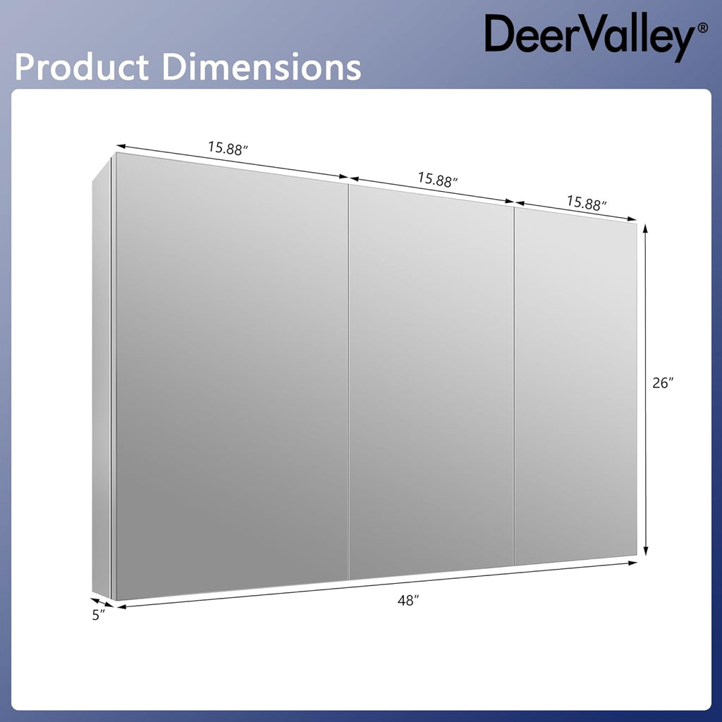 48 inch 3 Door Mirrored Medicine Cabinet with 2 Adjustable Shelves U406