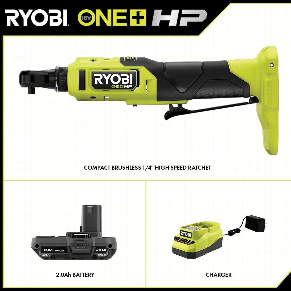 18V 1/4" Brushless Cordless Compact Electric Ratchet Kit with 2.0Ah Lithium Battery and Charger D421