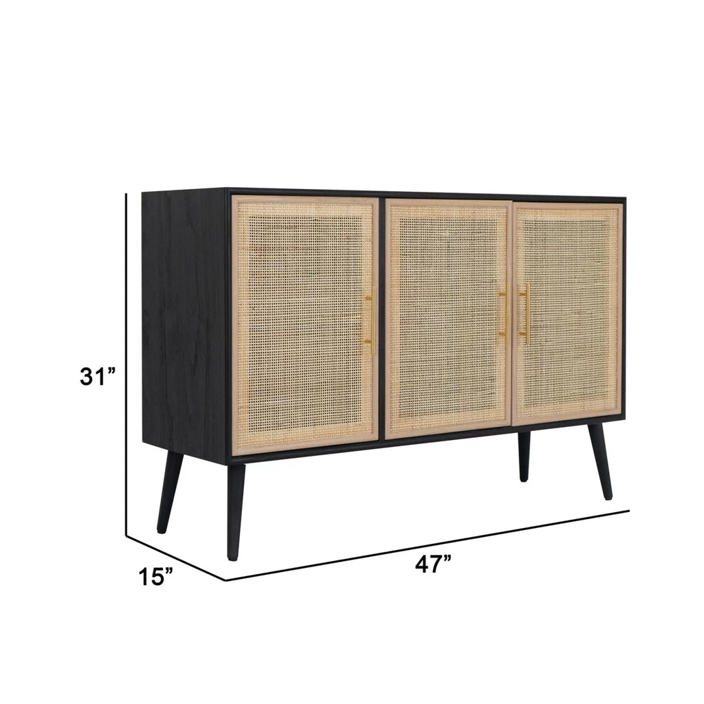 Black Pine Wood TV Media Entertainment Center with Rattan Doors D663008