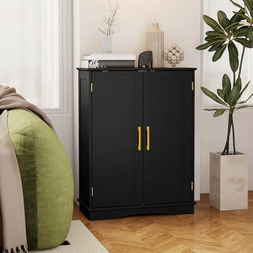 Black 31.5" H Floor Storage Cabinet with 2 Doors and Adjustable Shelves O307