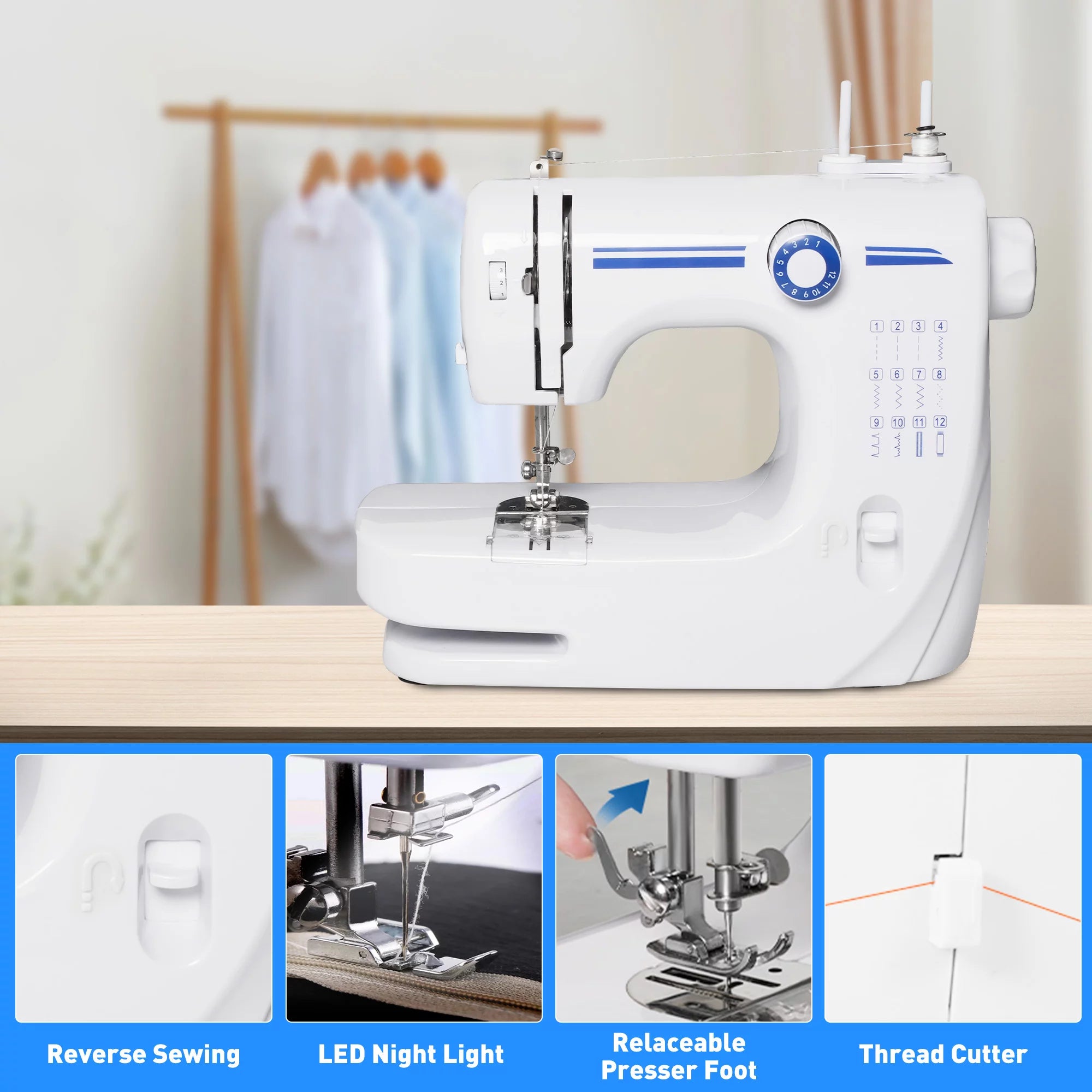 Portable Mini Sewing Machine, Blue, 12 Built-in Stitches P5073