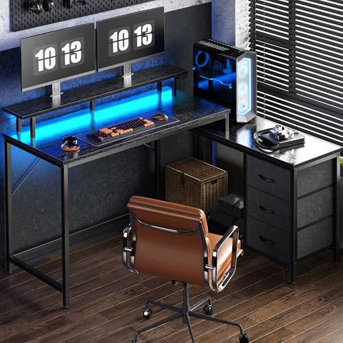 Reversible L Shaped Computer Desk with Drawers, LED Lights, Power Outlets, Black F94143