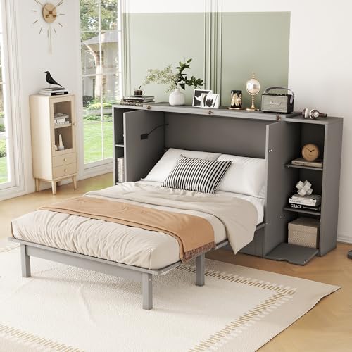 White Solid Wood Murphy Bed with Bookcase and Drawers S8446