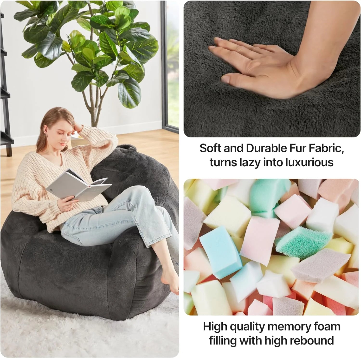 Grey Faux Fur Bean Bag Chair with Memory Foam Filler Q86125