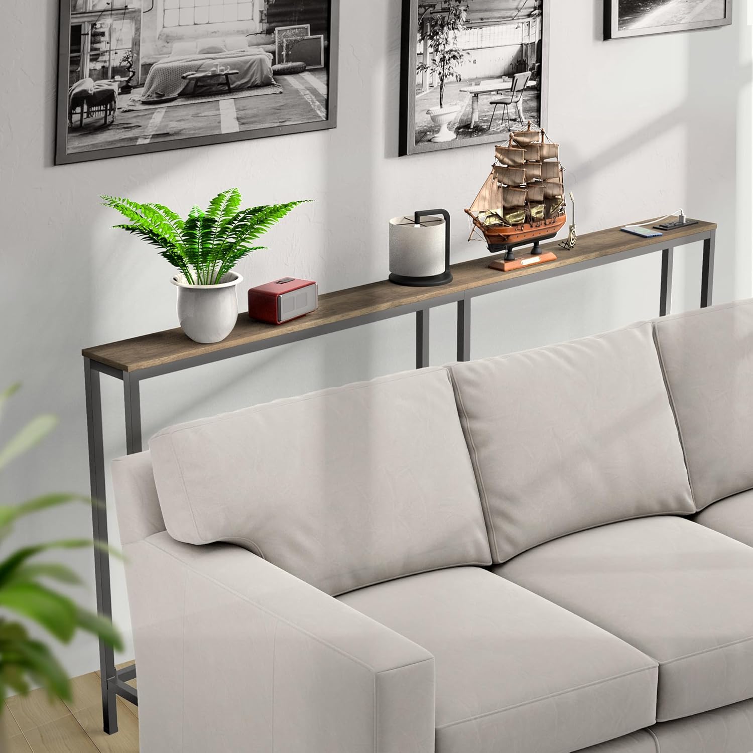 70.9 Inch Console Table with Power Outlet, Narrow Sofa Table with Charging Station E63790