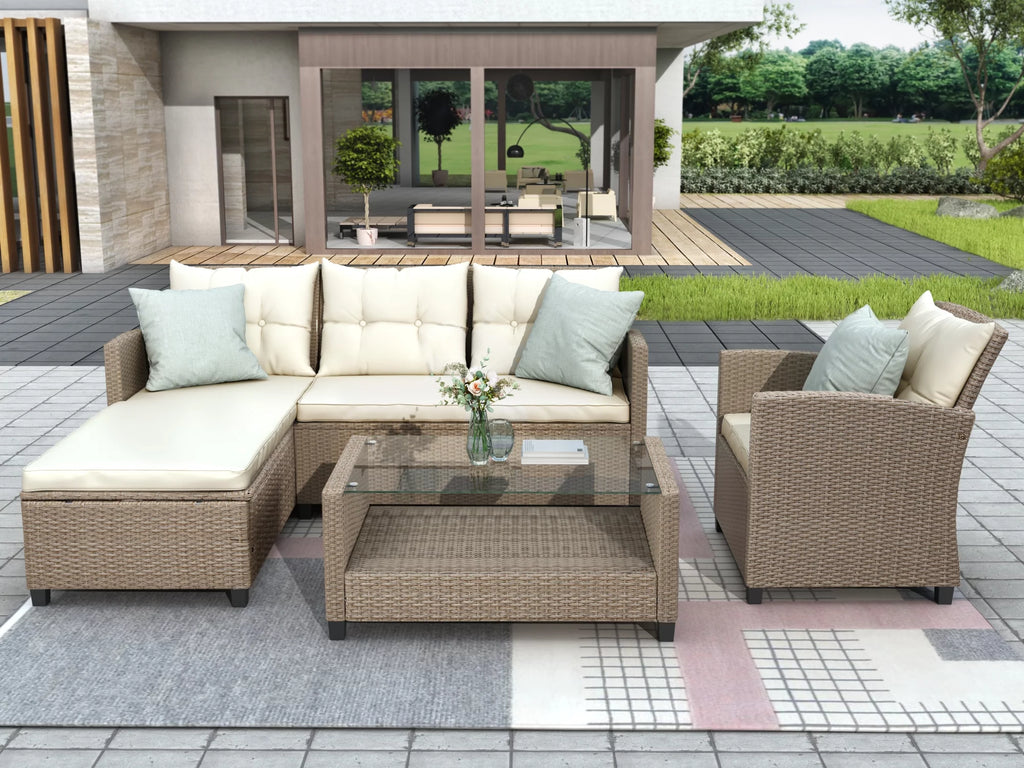 Beige Brown 4 Piece Wicker Rattan Sectional Sofa P186510