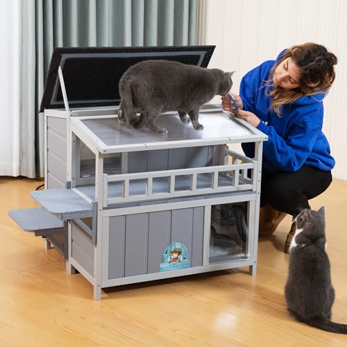 2-Tier Warm Wood Cat Shelter with Sunlight Roof M426555