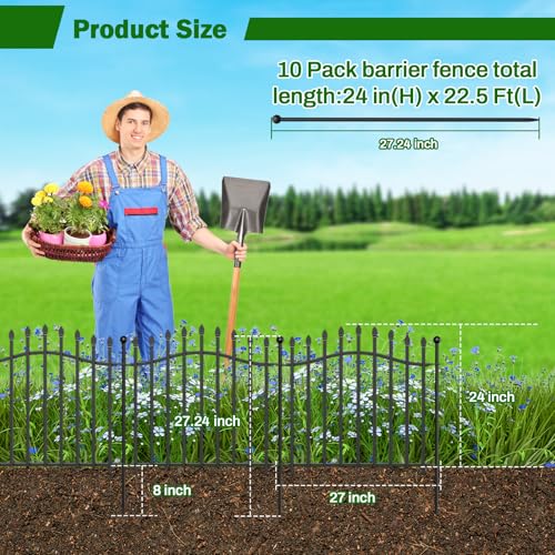 8 Panels Tall No Dig Garden Fence, 40in H x 18ft L, Reinforced Square Tube Rustproof Metal Fencing T718