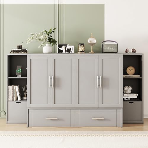 White Solid Wood Murphy Bed with Bookcase and Drawers S8446