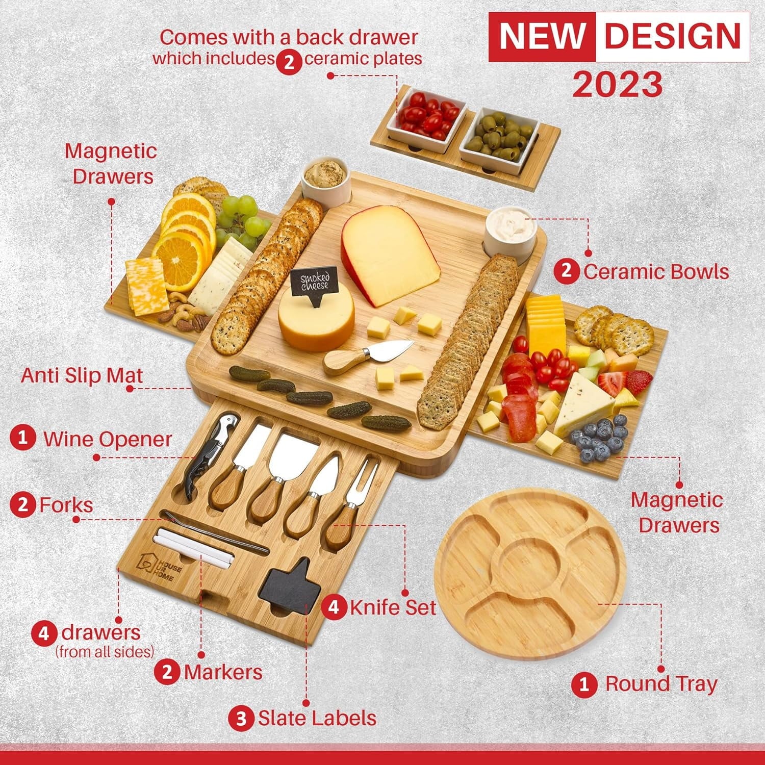 Large Charcuterie Board Set with 2 Ceramic Bowls & Plates, 4 Magnetic Drawers Bamboo Cheese Knife Set, Round Tray O193