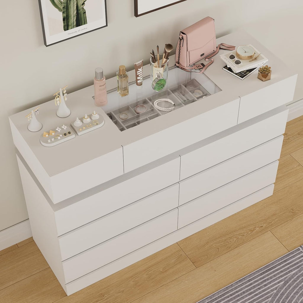White 6 Drawer Dresser with LED Lights and Glass Top L7607