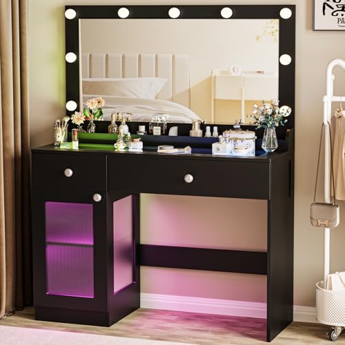 White 39.4'' Glass Top Makeup Vanity with Large Mirror and Lights J64853