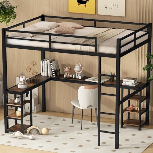 Full Size Metal Loft Bed with Desk and Storage Shelves P159729