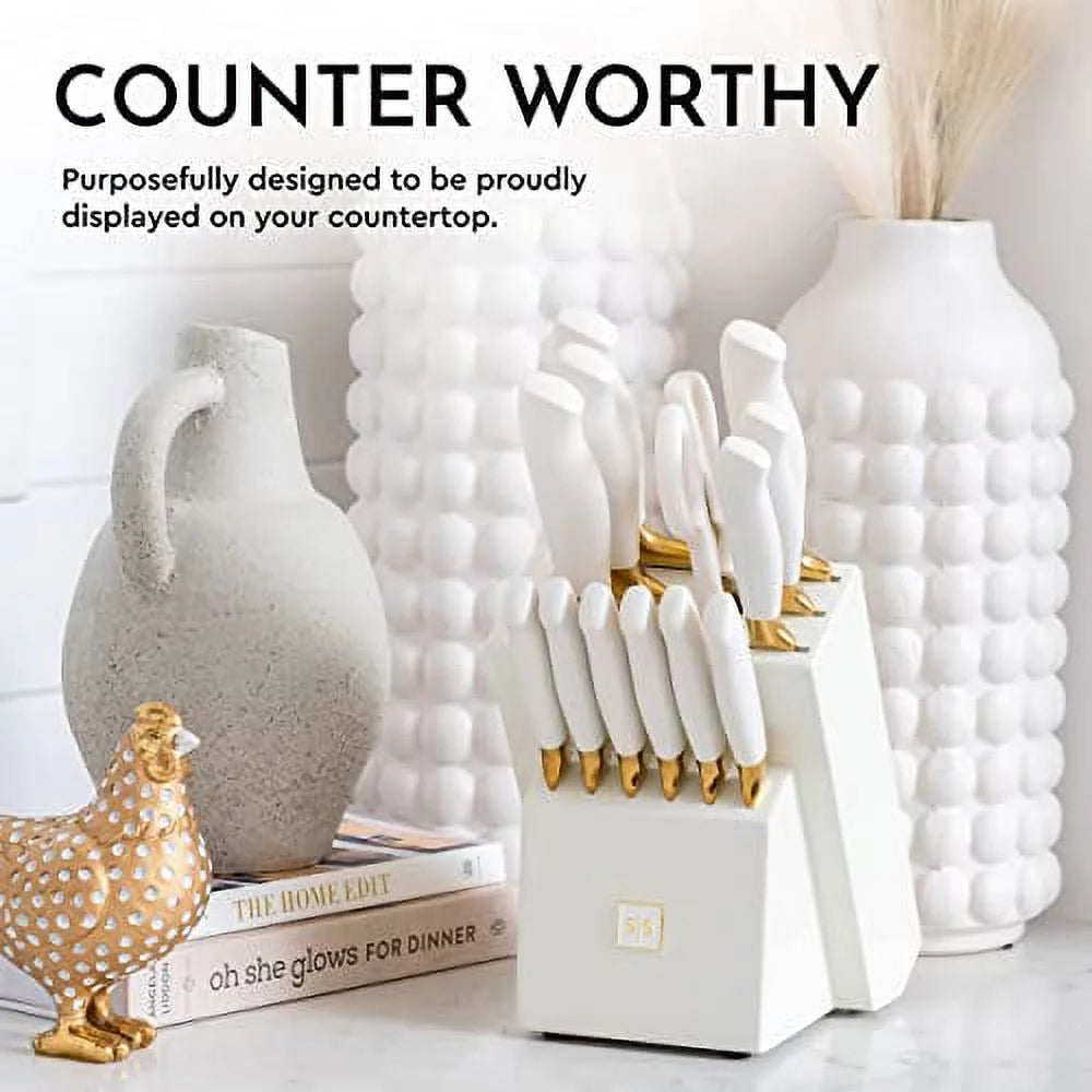 14 PC Titanium Coated White and Gold Knife Set with Block T413