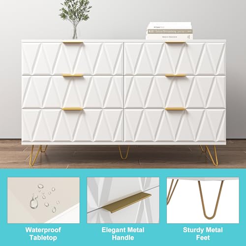 White 6 Drawer Wood Dresser with Gold Handles U1417