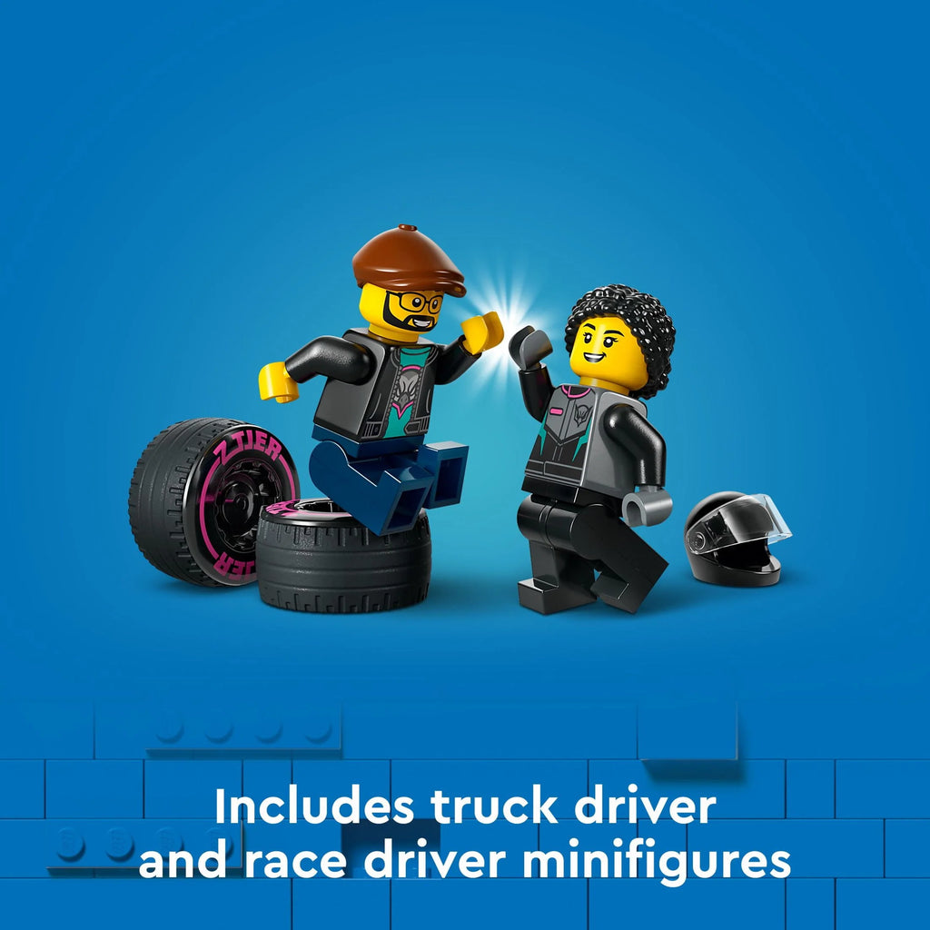 Race Car and Car Carrier Truck Toy Playset with Adjustable Loading Ramp and Race Car Toy M79333