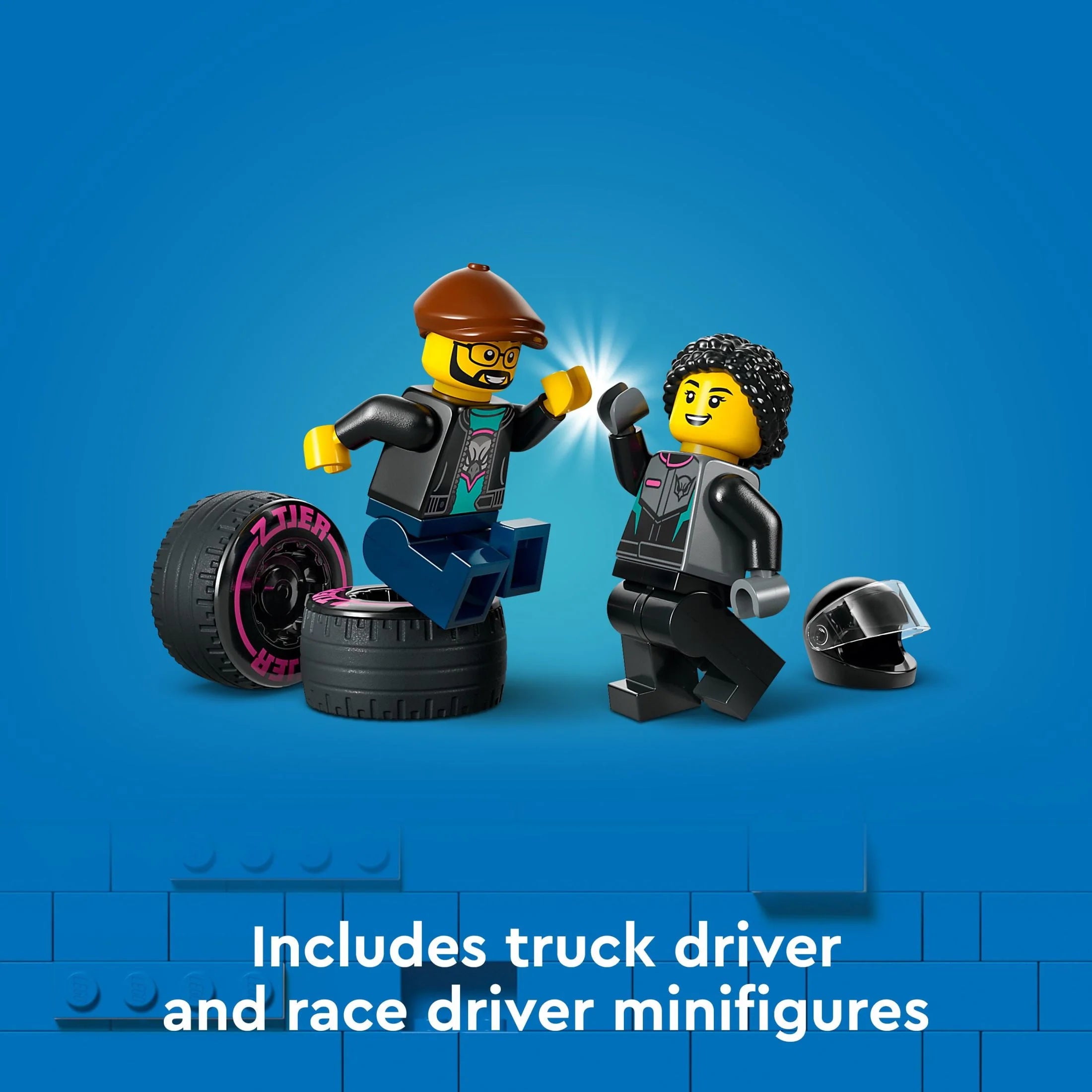 Race Car and Car Carrier Truck Toy Playset with Adjustable Loading Ramp and Race Car Toy M79333