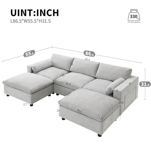 86.5" Grey Chenille U-Shaped Sectional Sofa with Storage Pockets C67649