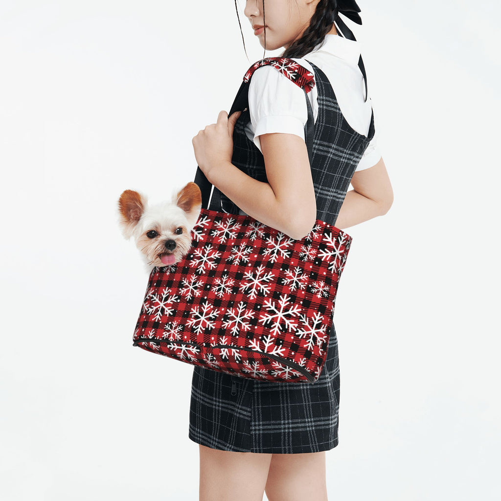 Red Christmas Plaid Snowflakes Prints Foldable Dog Purse Carrier M825094