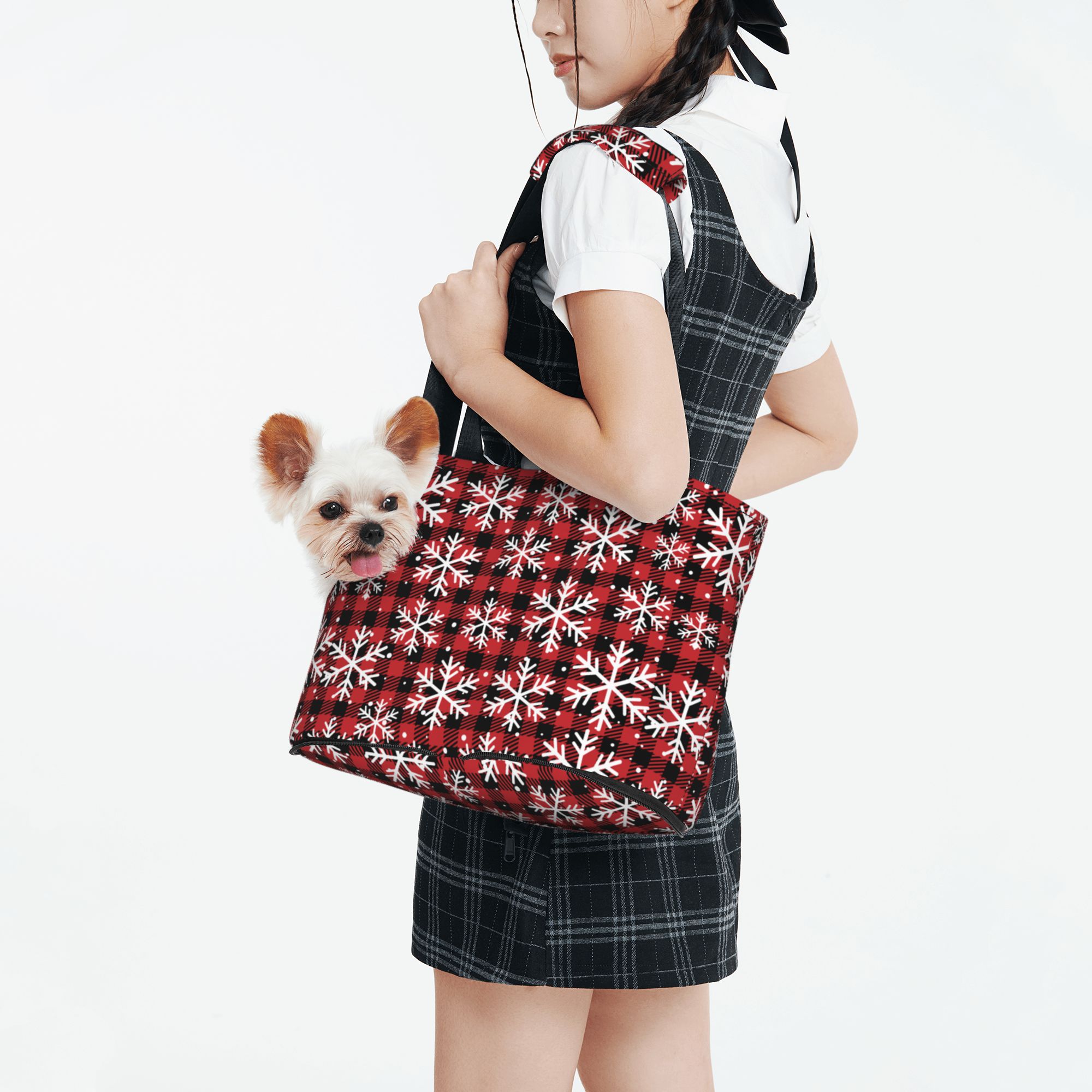 Red Christmas Plaid Snowflakes Prints Foldable Dog Purse Carrier M825094