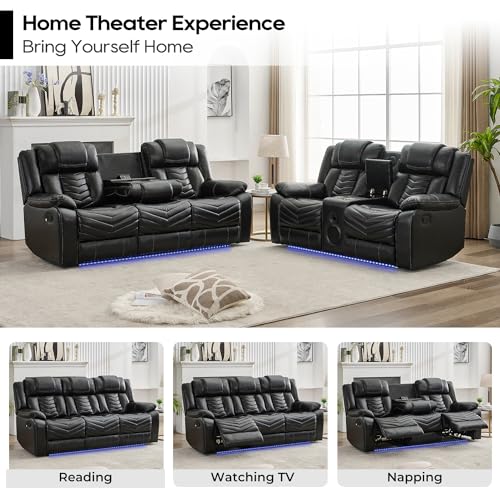 Grey Leather 3 Seater Recliner Sofa Set with Wireless Charger and LED Lights J304479