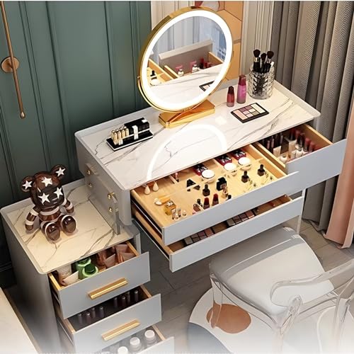 White 31.5'' Acrylic Makeup Vanity with Smart LED Lights Mirror, 6 Drawers and Tempered Glass Desktop U513051