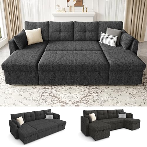 Oversized 110 inch 2 in 1 Pullout Sleeper Sofa Couch with Double Storage Chaise, Dark Grey O693024