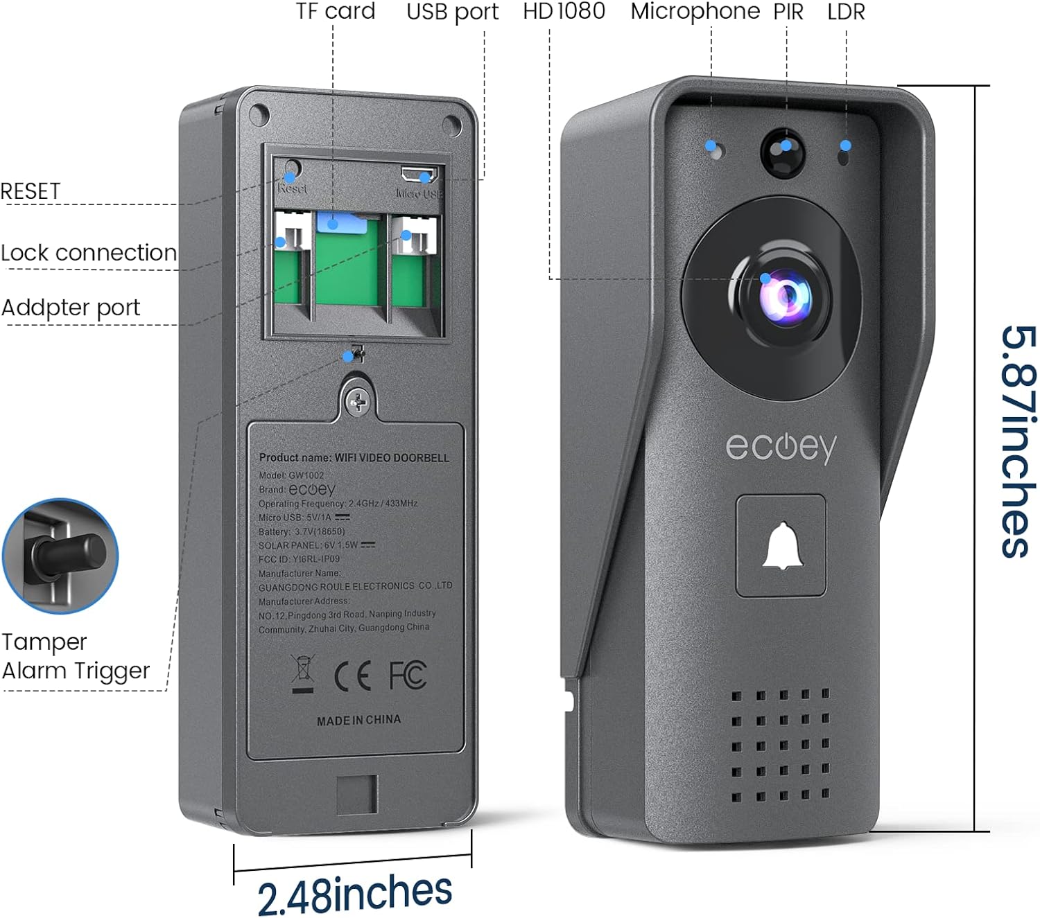 Video Doorbell Camera with Two-Way Audio, 1080P HD, PIR Motion Detection, Solar Energy A984