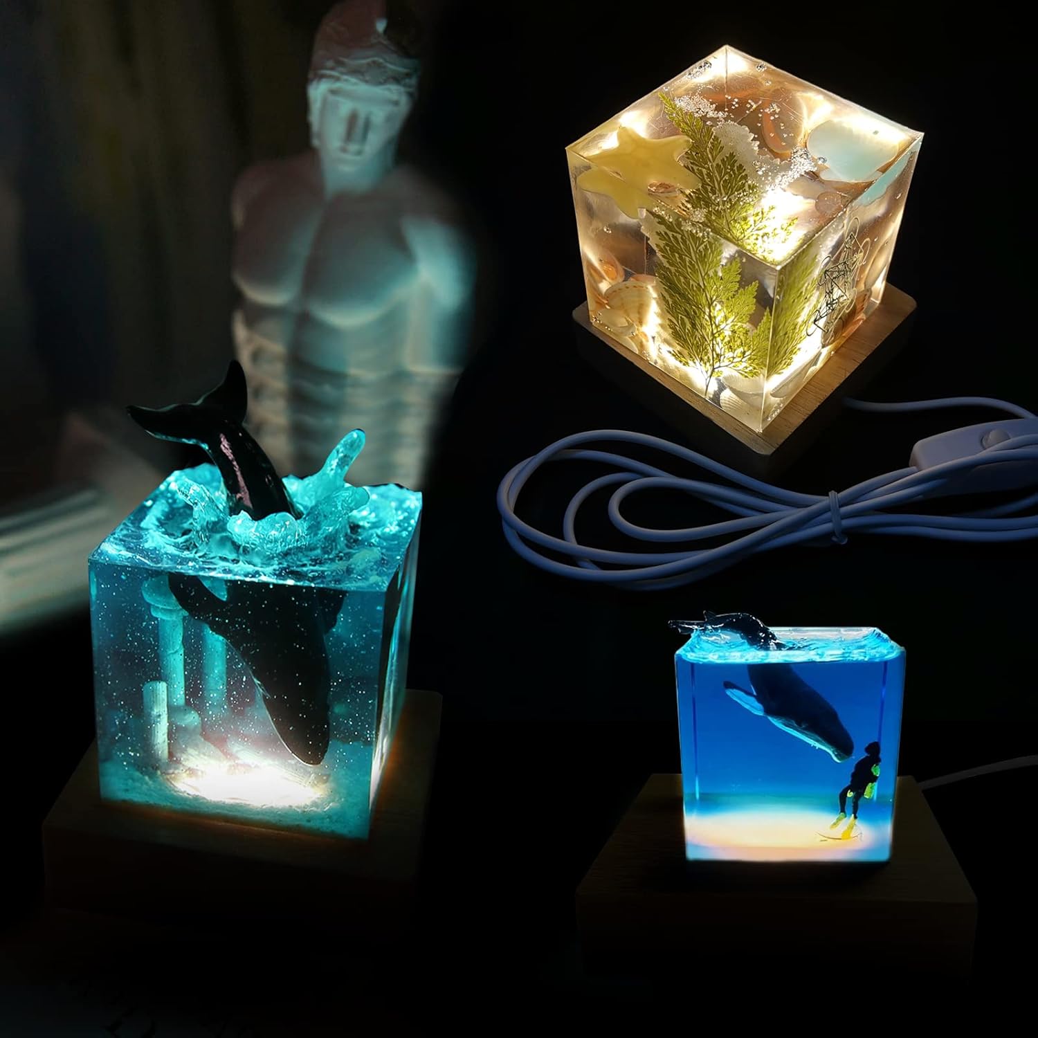 Large Cube LED Silicone Molds with USB Powered Wooden Lighted Base D378895