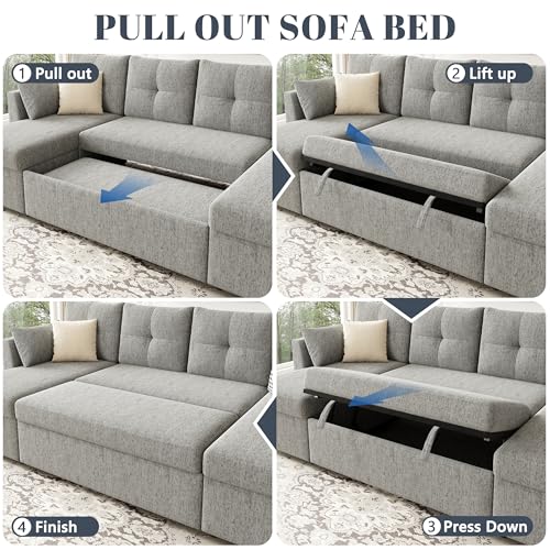 Oversized 110 inch 2 in 1 Pullout Sleeper Sofa Couch with Double Storage Chaise, Dark Grey O693024