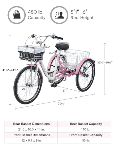 7 Speed Adult Tricycle with Front & Rear Removable Wheeled Baskets, 24 26 inch D1773