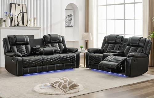 Grey Leather 3 Seater Recliner Sofa Set with Wireless Charger and LED Lights J304479