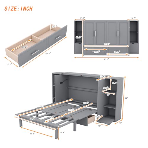 White Solid Wood Murphy Bed with Bookcase and Drawers S8446