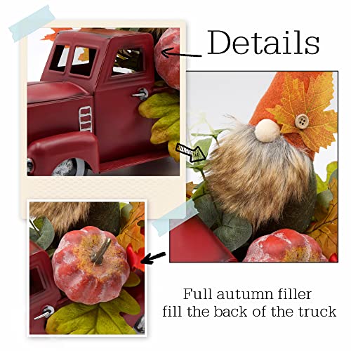 Vintage Turquoise Metal Truck with Gnomes Pumpkin Maple Leaf Farmhouse Table Top Fall Decor, 12 inch Q256