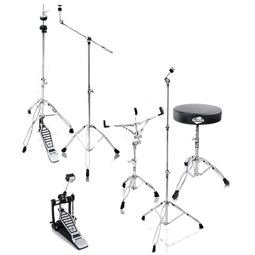 6 Piece Drum Hardware Pack with Snare, Hi-Hat, Cymbal Boom, Kick Pedal & Throne T183