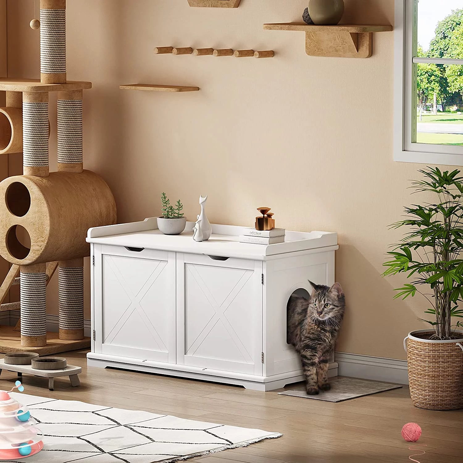 White Cat Litter Box Enclosure Storage Bench Furniture Z5469