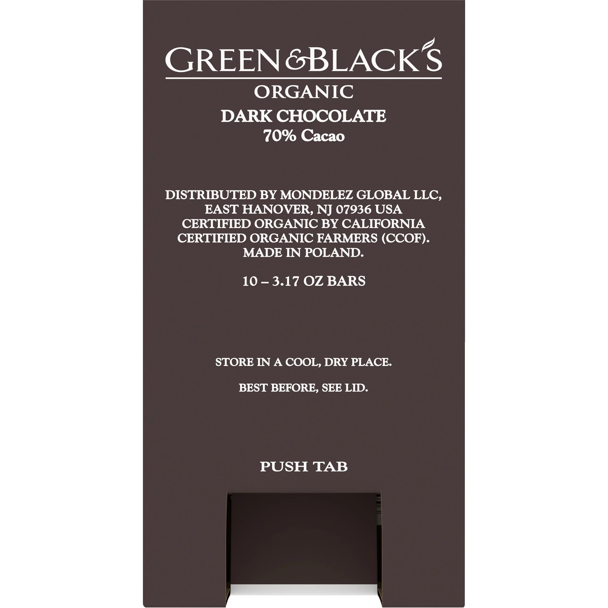 Organic Dark Chocolate Bar, 70% Cacao, 10 - 3.17 oz Bars V49277