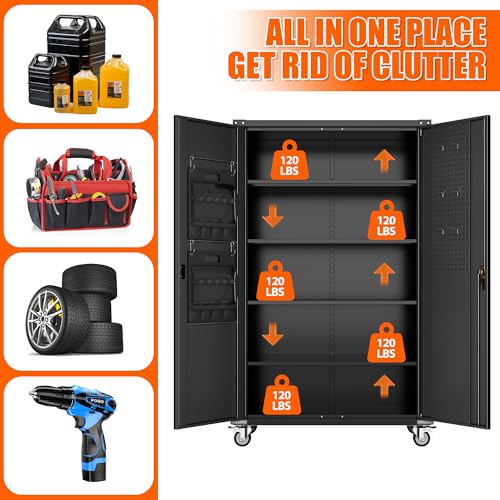 Black 72" H Locking Metal Storage Cabinet with Wheels and Pegboard U772547