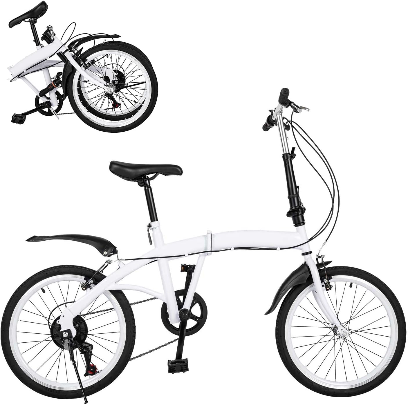 20" Folding Kids Bike 6 Speed High-Carbon Steel MTB Bicycle with Fenders, Height Adjustable Max Weight 90KG Dual Disc Brake Non-Slip E424524