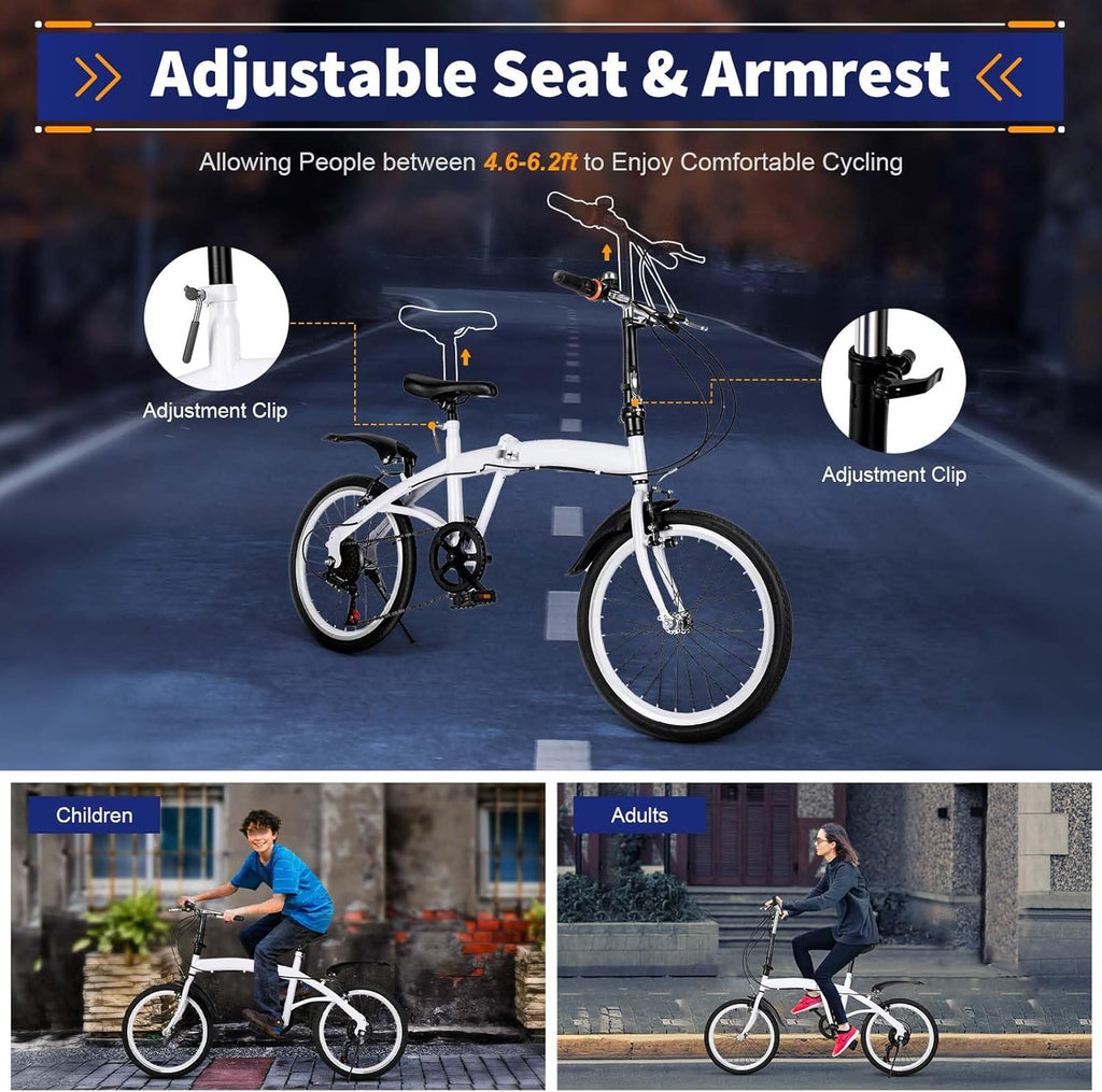 20" Folding Kids Bike 6 Speed High-Carbon Steel MTB Bicycle with Fenders, Height Adjustable Max Weight 90KG Dual Disc Brake Non-Slip E424524
